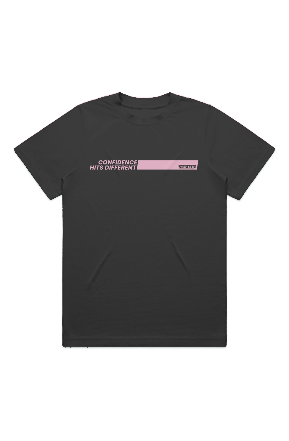 Adult Heavyweight Premium black Tshirt with Confidence Hits Different and Prep Step Softball Apparel logo in pink