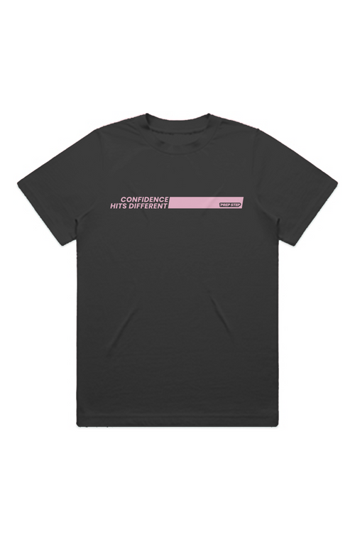 Adult Heavyweight Premium black Tshirt with Confidence Hits Different and Prep Step Softball Apparel logo in pink