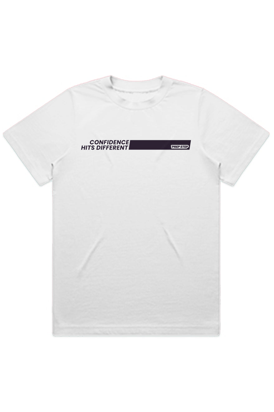 Adult Heavyweight Premium white Tshirt with Confidence Hits Different and Prep Step Softball Apparel logo in a dark purple