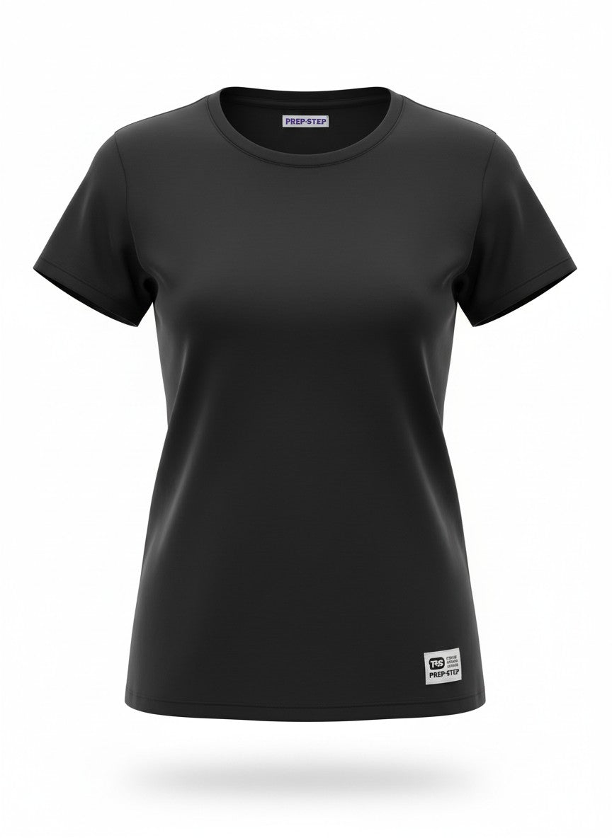 Black t-shirt with a Prep Step Softball Apparel logo label on the front lower left hem