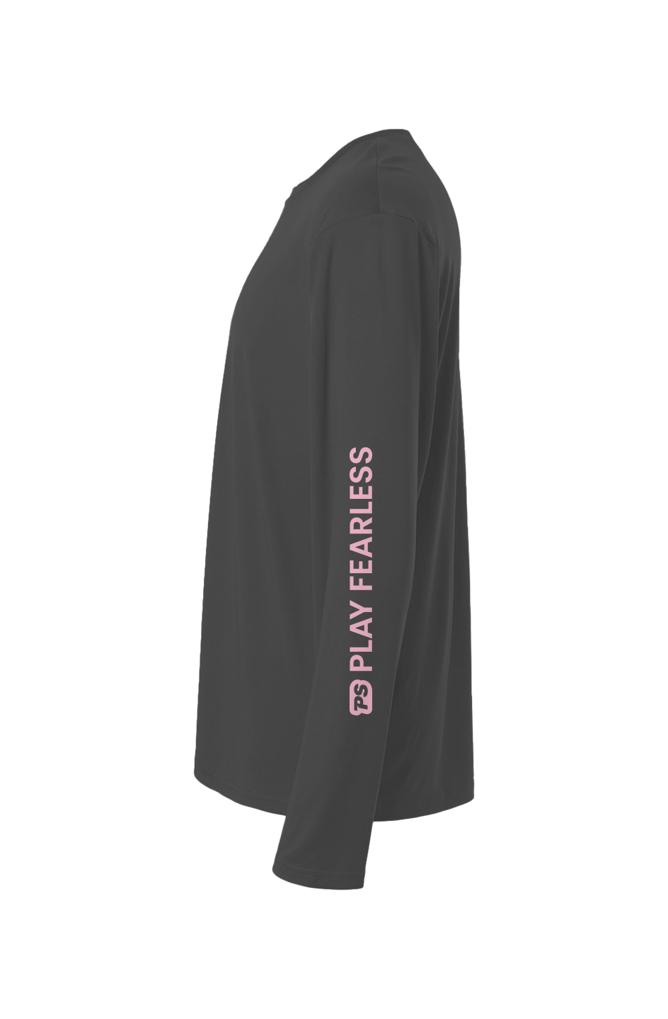 Prep Step Softball Apparel logo and the words play fearless in pink on left sleeve of black shirt 