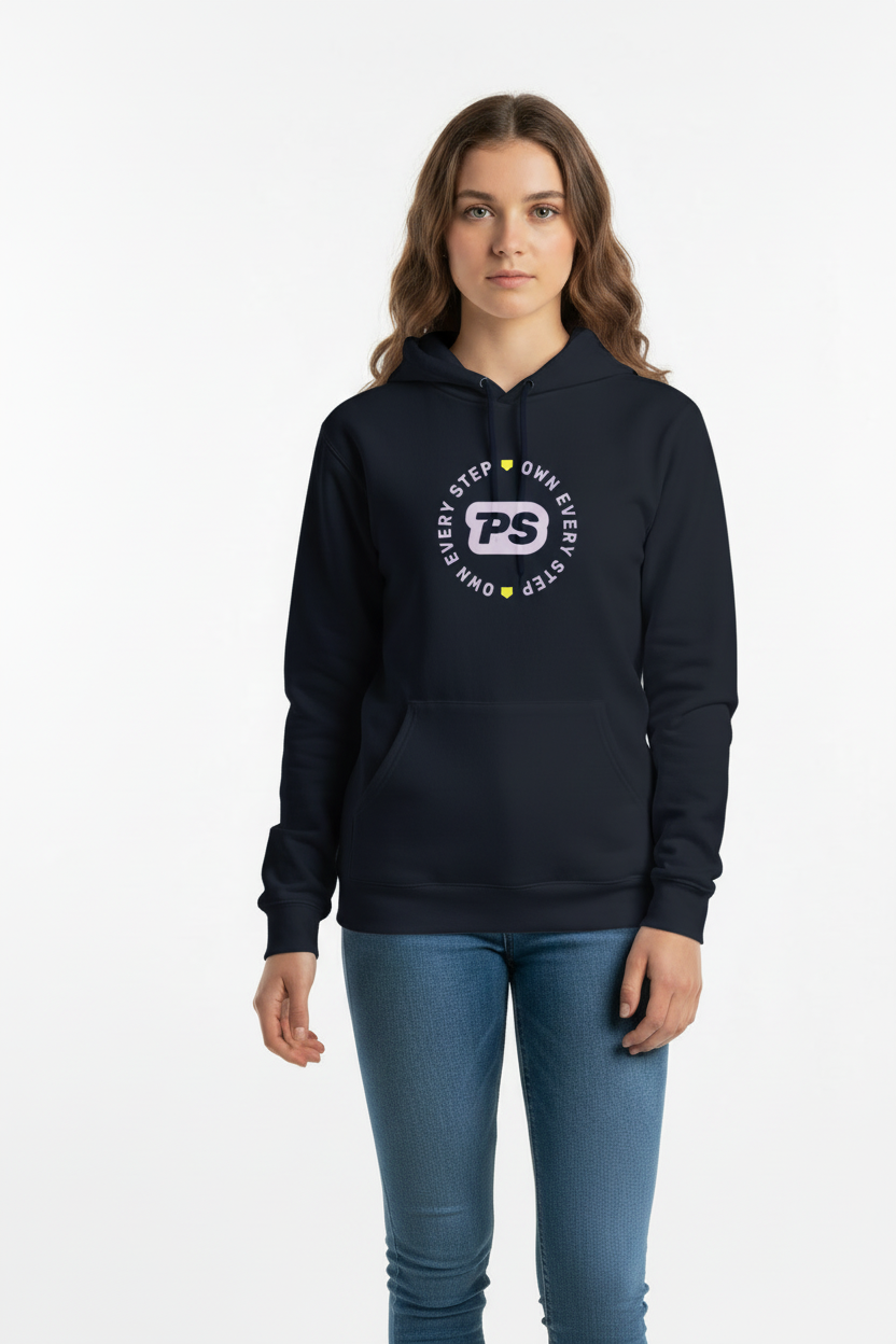 Teenage girl wearing navy blue hoodie with a Prep Step logo design on the front