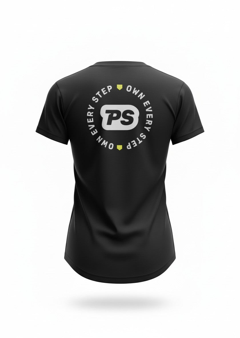 Black t-shirt with a Prep Step Softball Apparel logo design and the words own every step  