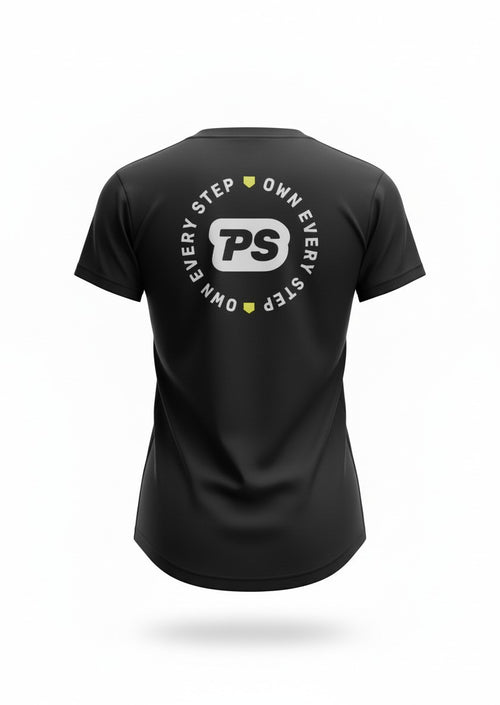 Black t-shirt with a Prep Step Softball Apparel logo design and the words own every step  