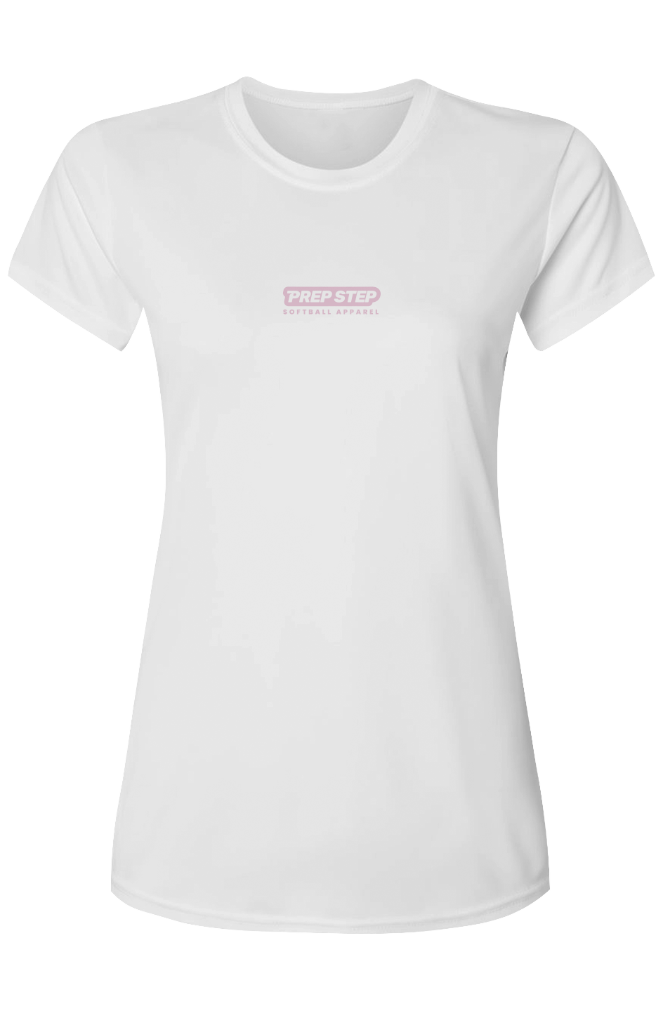 White Prep Step Signature Performance Tshirt with pink Prep Step Softball Apparel logo on front chest