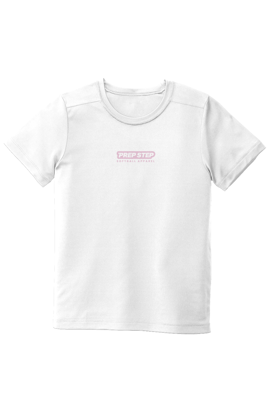 White Youth Prep Step Signature UV Performance Tshirt with pink Prep Step Softball Apparel logo on front chest
