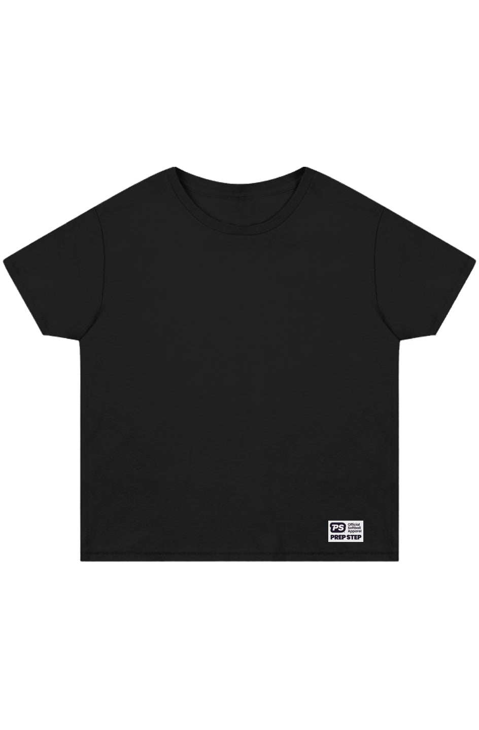 Black high waisted t-shirt with a Prep Step Softball Apparel label on front lower left hem