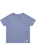 Blue high waisted t-shirt with a Prep Step Softball Apparel label on front lower left hem