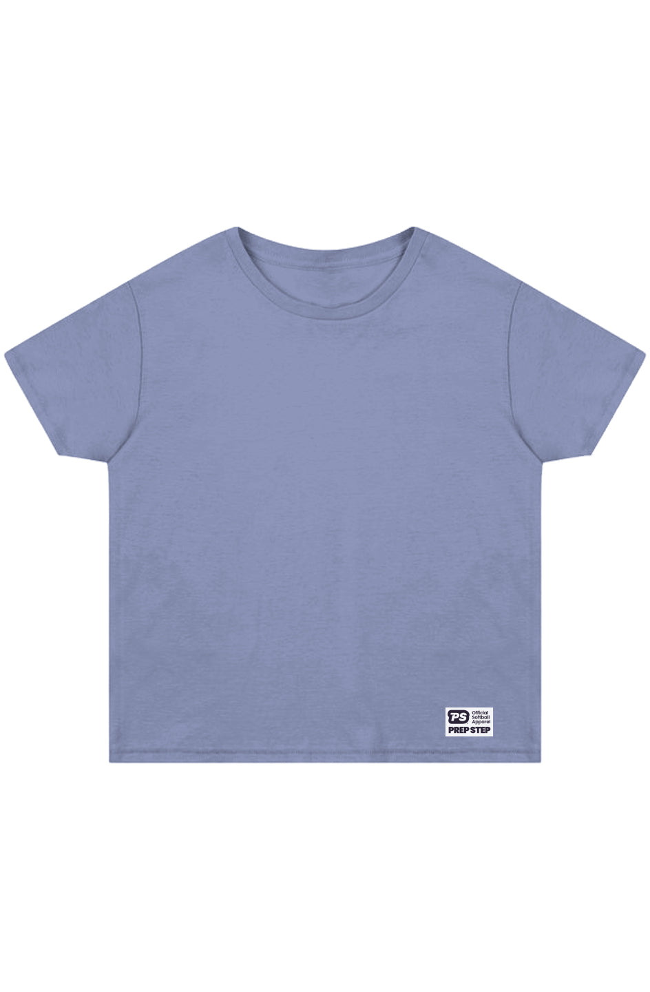 Blue high waisted t-shirt with a Prep Step Softball Apparel label on front lower left hem