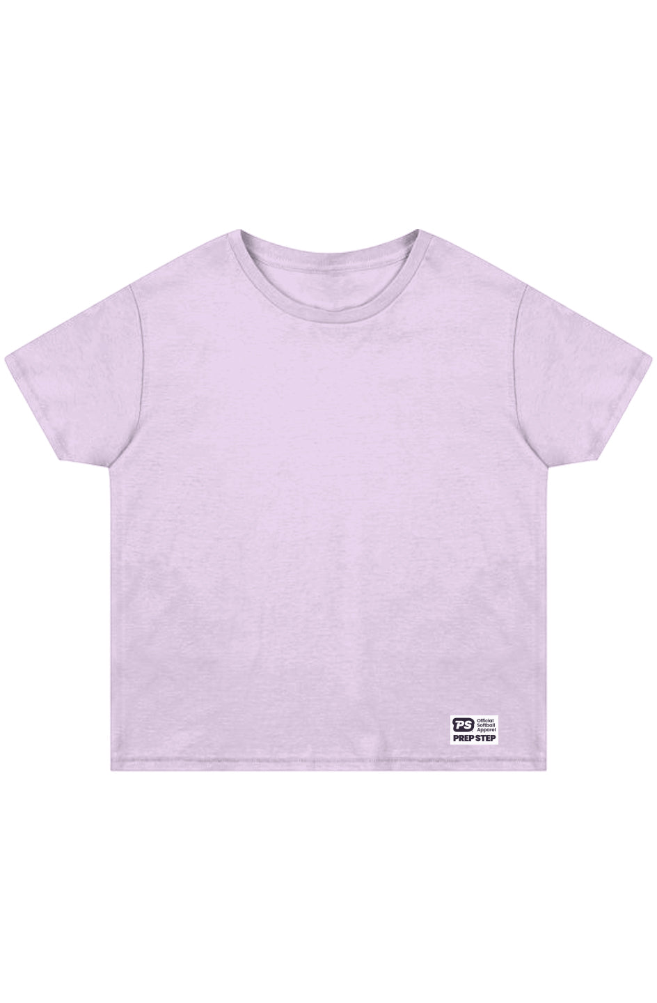Pink high waisted t-shirt with a Prep Step Softball Apparel label on front lower left hem