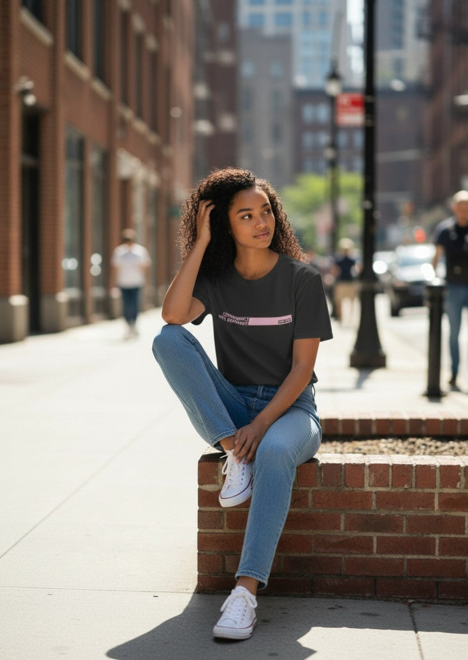 Tenager sitting on a brick wall wearing a Heavyweight Premium black Tshirt with Confidence Hits Different and Prep Step Softball Apparel logo in pink
