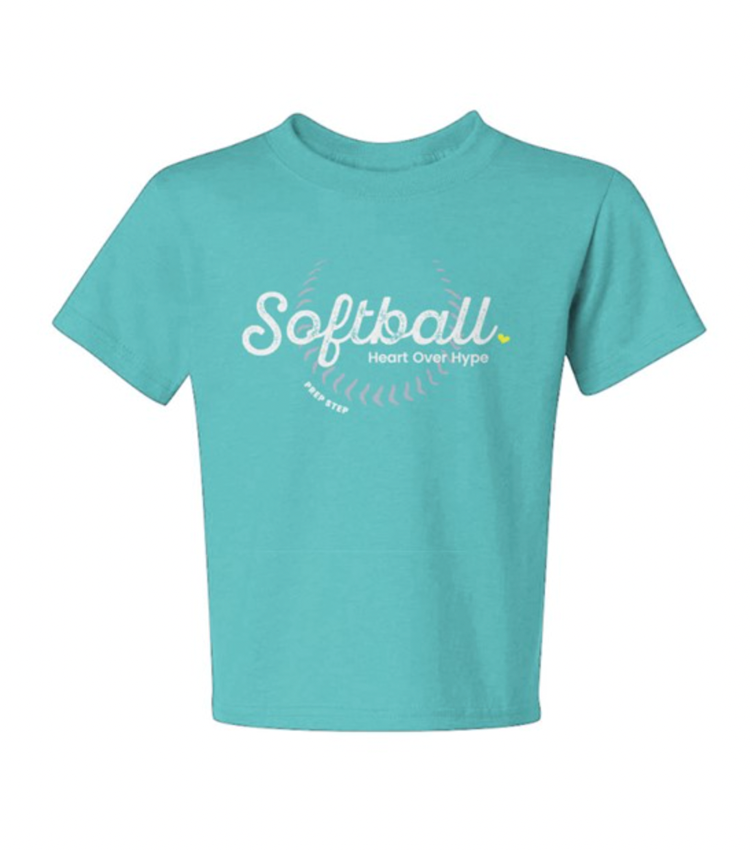 Youth Blue Cotton Tshirt with Heart over Hype Softball design and Prep Step Softball Apparel logo