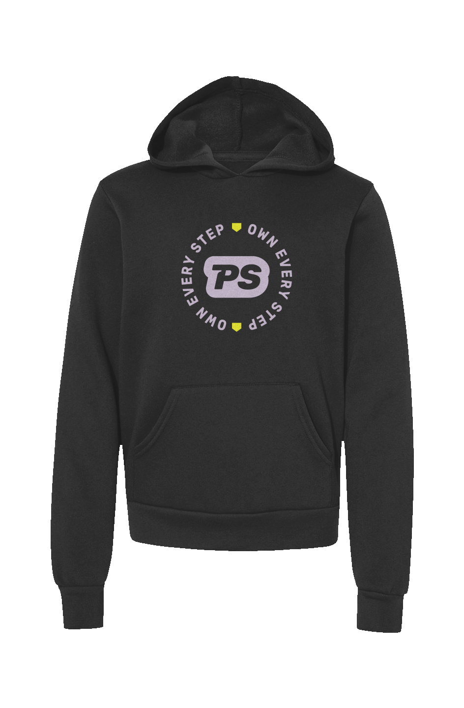 Youth Black hoodie with a Prep Step Softball Apparel logo design and the words own every step on the front