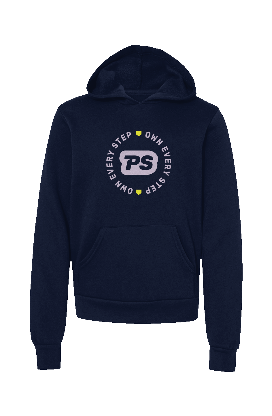 Youth Navy hoodie with a Prep Step Softball Apparel logo design and the words own every step on the front