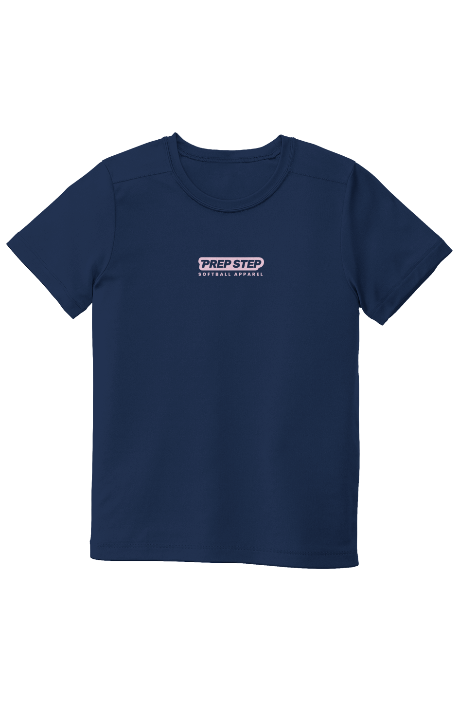 Navy Blue Youth Prep Step Signature UV Performance Tshirt with pink Prep Step Softball Apparel logo on front chest
