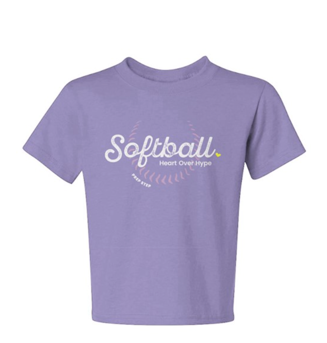 Youth Purple Cotton Tshirt with Heart over Hype Softball design and Prep Step Softball Apparel logo