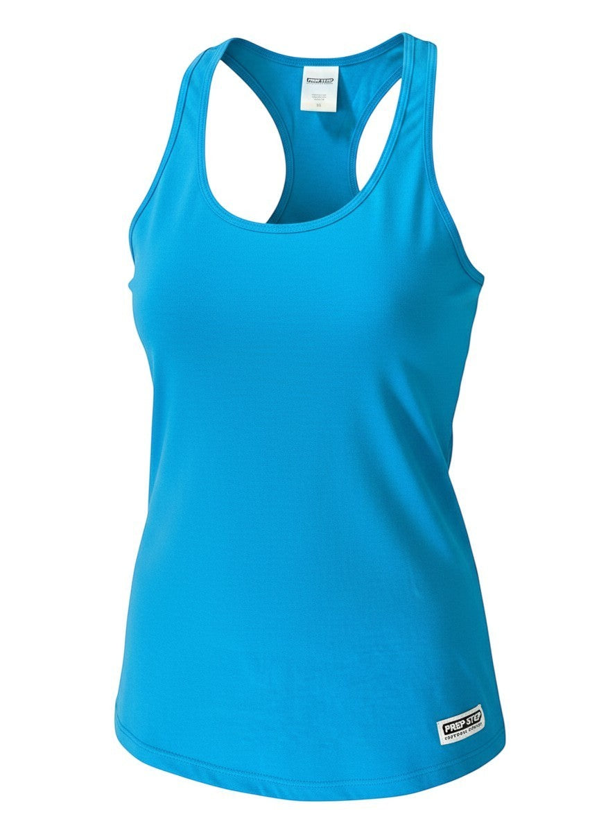 Prep Step Softball Apparel blue cotton blend racerback tank top with "Own Every Step" graphic on back.