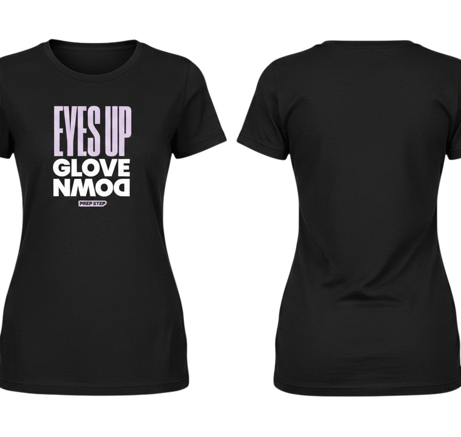 Prep Step Softball Apparel black cotton t-shirt with "EYES UP GLOVE DOWN" graphic in purple and white.