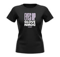 Prep Step Softball Apparel black cotton t-shirt with "EYES UP GLOVE DOWN" graphic in purple and white.