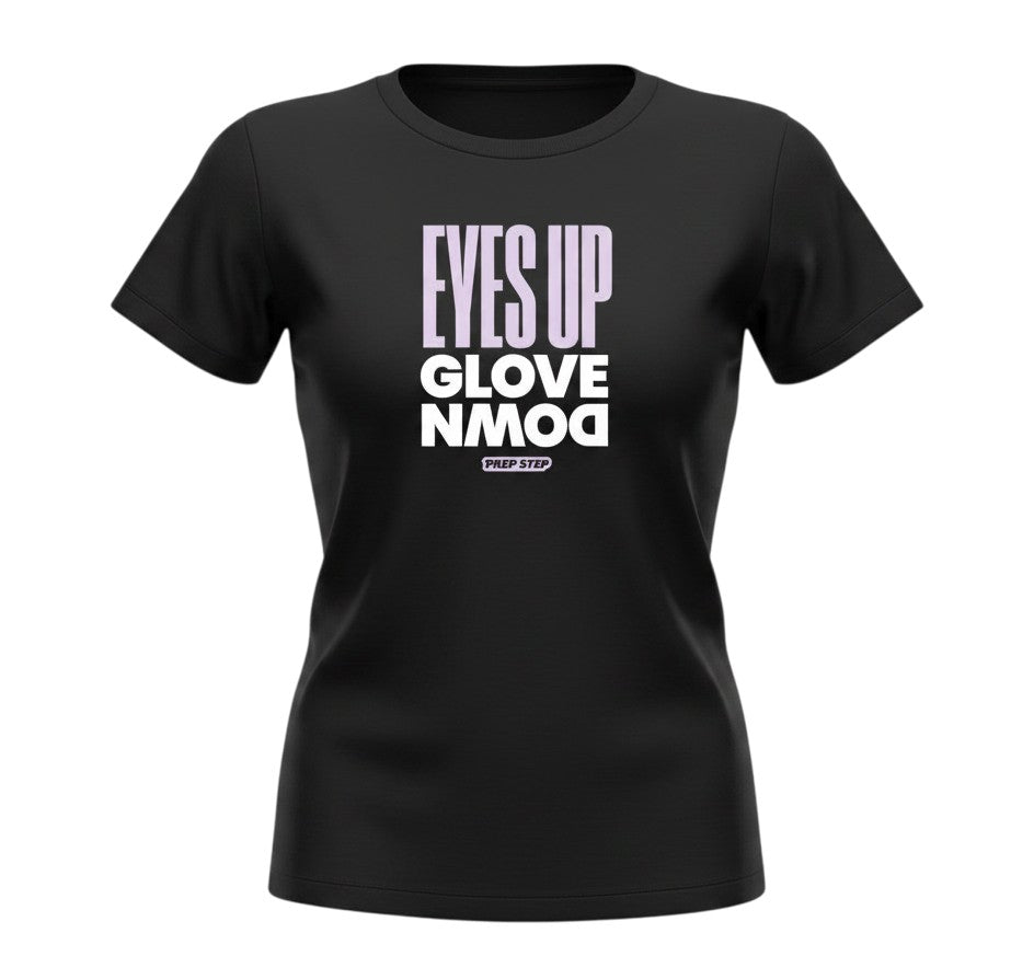 Prep Step Softball Apparel black cotton t-shirt with "EYES UP GLOVE DOWN" graphic in purple and white.