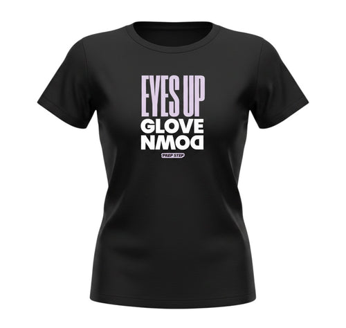 Prep Step Softball Apparel black cotton t-shirt with "EYES UP GLOVE DOWN" graphic in purple and white.