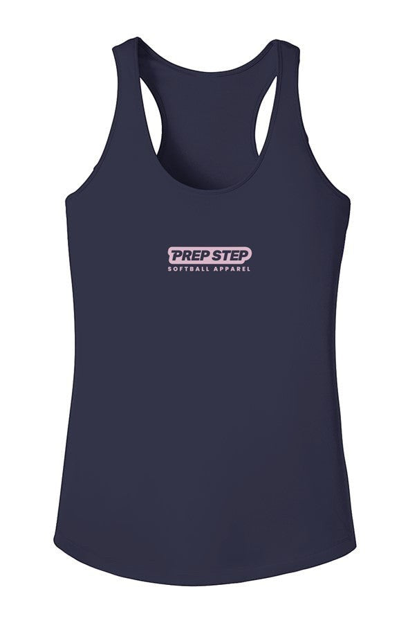 Prep Step Softball Apparel navy blue racerback tanktop with moisture-wicking fabric and pink logo.