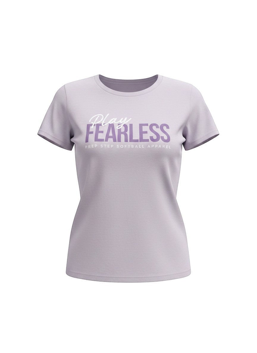 Prep Step Softball Apparel light purple cotton t-shirt with "Play Fearless" graphic and "Prep Step Softball Apparel" text.