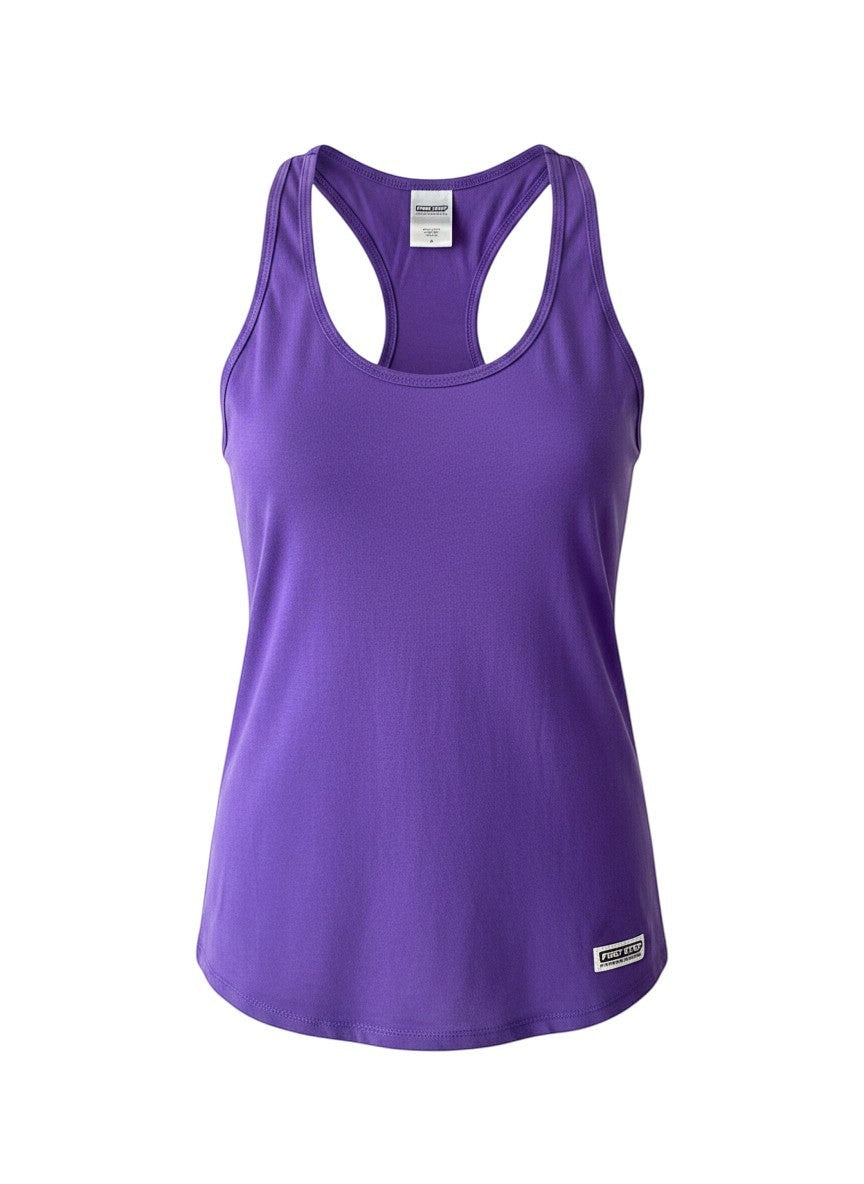 Prep Step Softball Apparel purple racerback tank top with "Own Every Step" graphic. Lightweight cotton blend for workouts or casual wear.