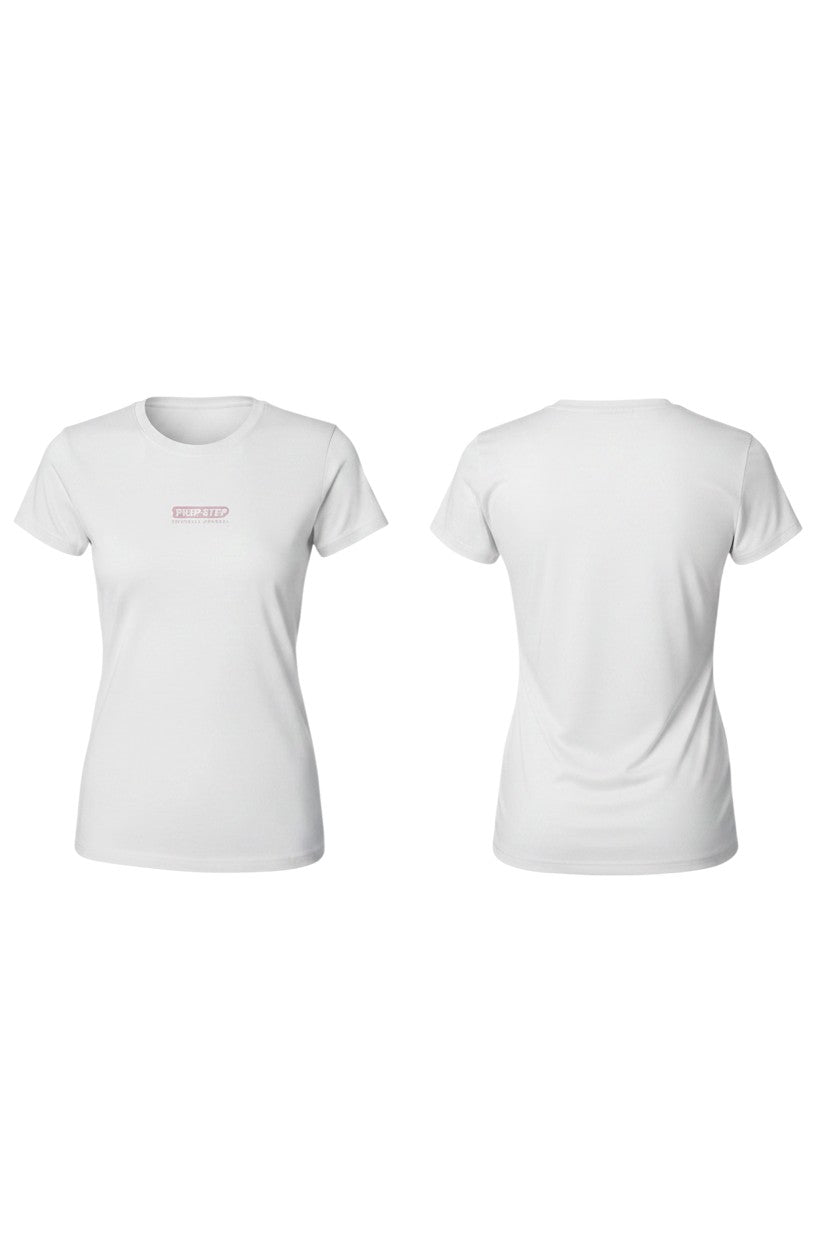 White short-sleeve performance t-shirt with subtle pink Prep Step Softball Apparel logo on the chest. Lightweight and moisture-wicking.