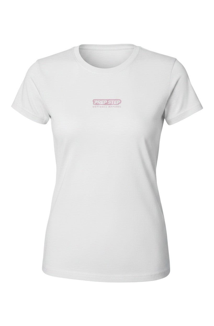 Prep Step Softball Apparel white short-sleeve UV performance t-shirt with subtle pink logo on chest.